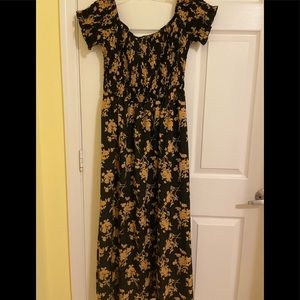 Shein  Off Shoulder Bell Sleeve Shirred Bodice Floral Dress